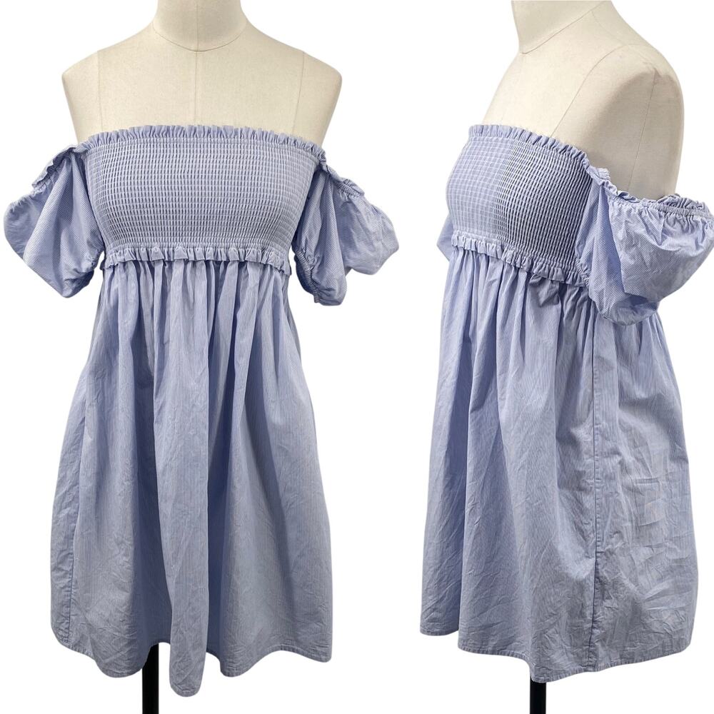 Aritzia Sunday Best Puff Sleeve Mini Dress Smocked Bodice Cotton Seersucker Blue